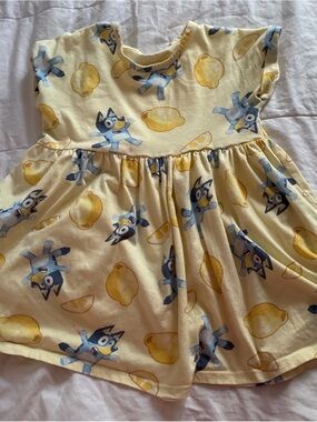 Yellow Kids Dress with Blue Cartoon Print